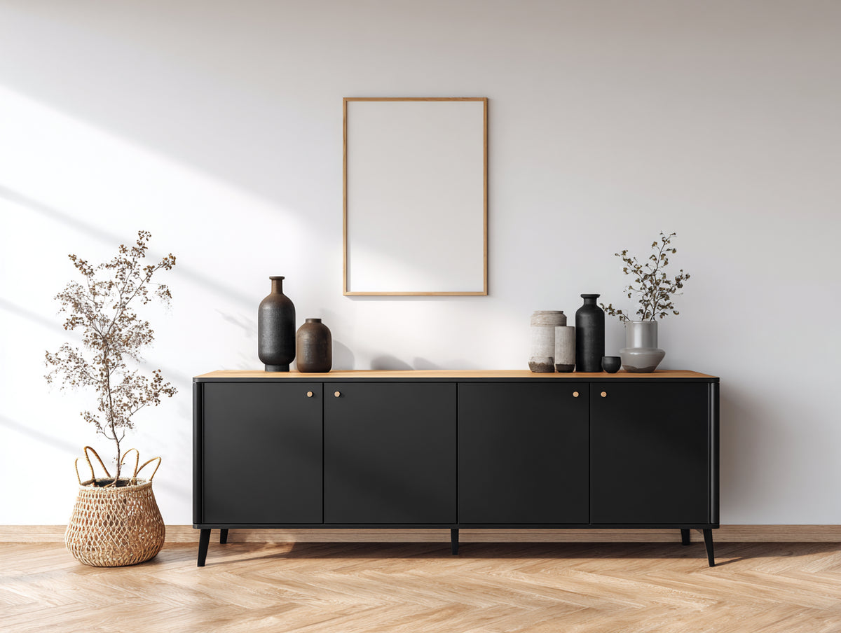 Mobile ingresso - pannelli di legno-legno-metallo - 170x42x78 cm - nero-rovere naturale-ottone - stile contemporaneo