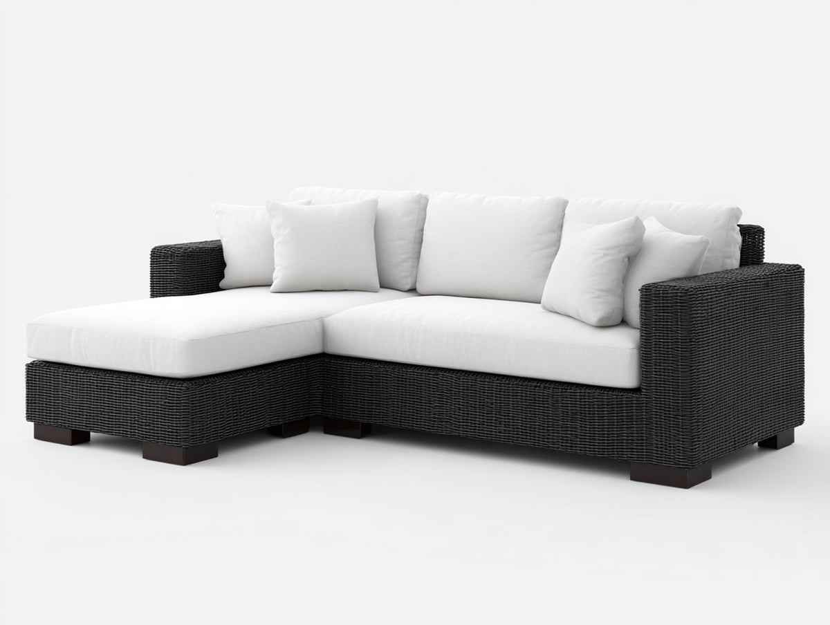 Divano angolare - Polyrattan-Tessuto-Legno - 255x160x84 cm - Bianco-Antracite - Stile moderno
